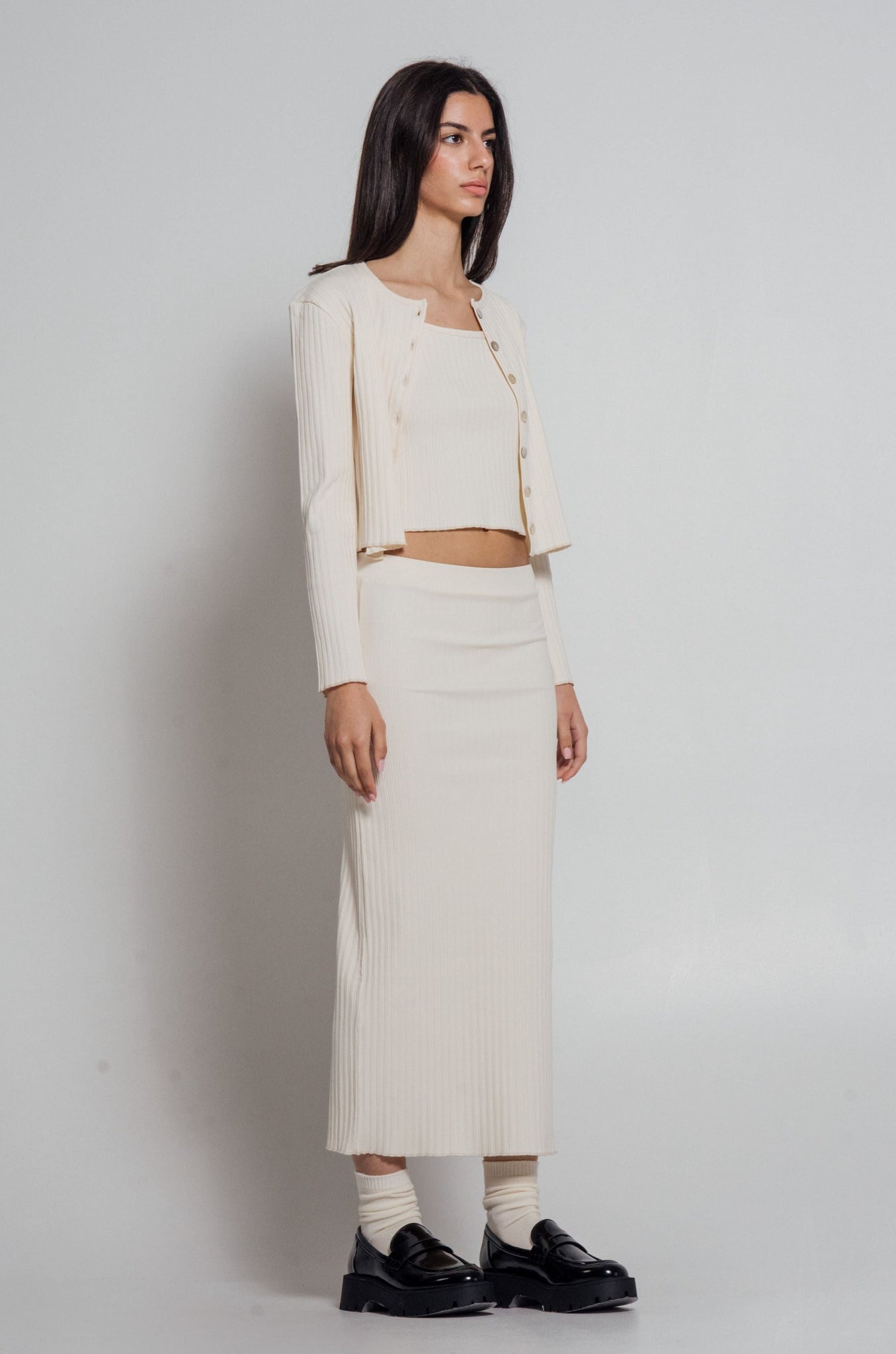 Rib Knit Midi Skirt Ivory S
