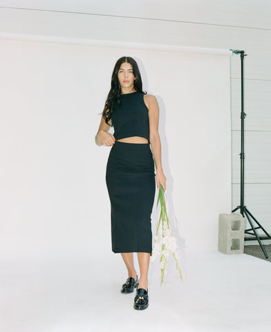 Ribbed Midi Skirt Jet Black