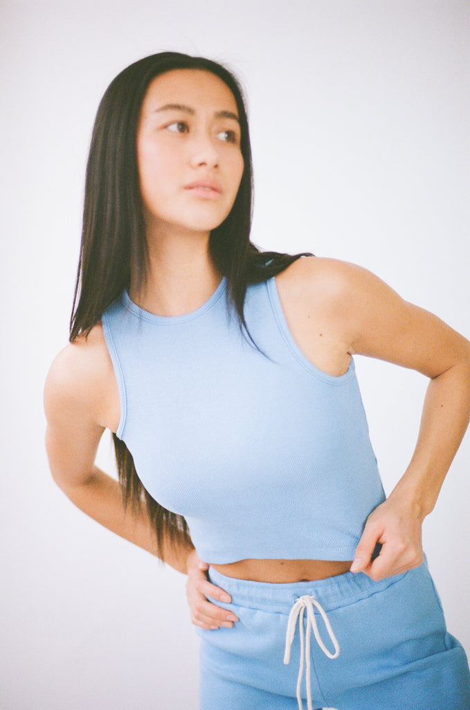 High Neck Ribbed Tank Cornflower