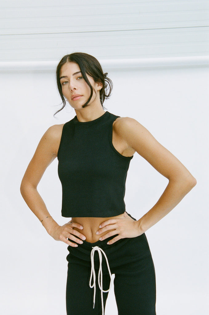 High Neck Ribbed Tank Jet Black
