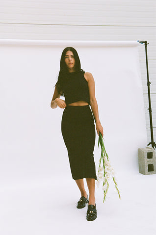 Ribbed Midi Skirt Jet Black