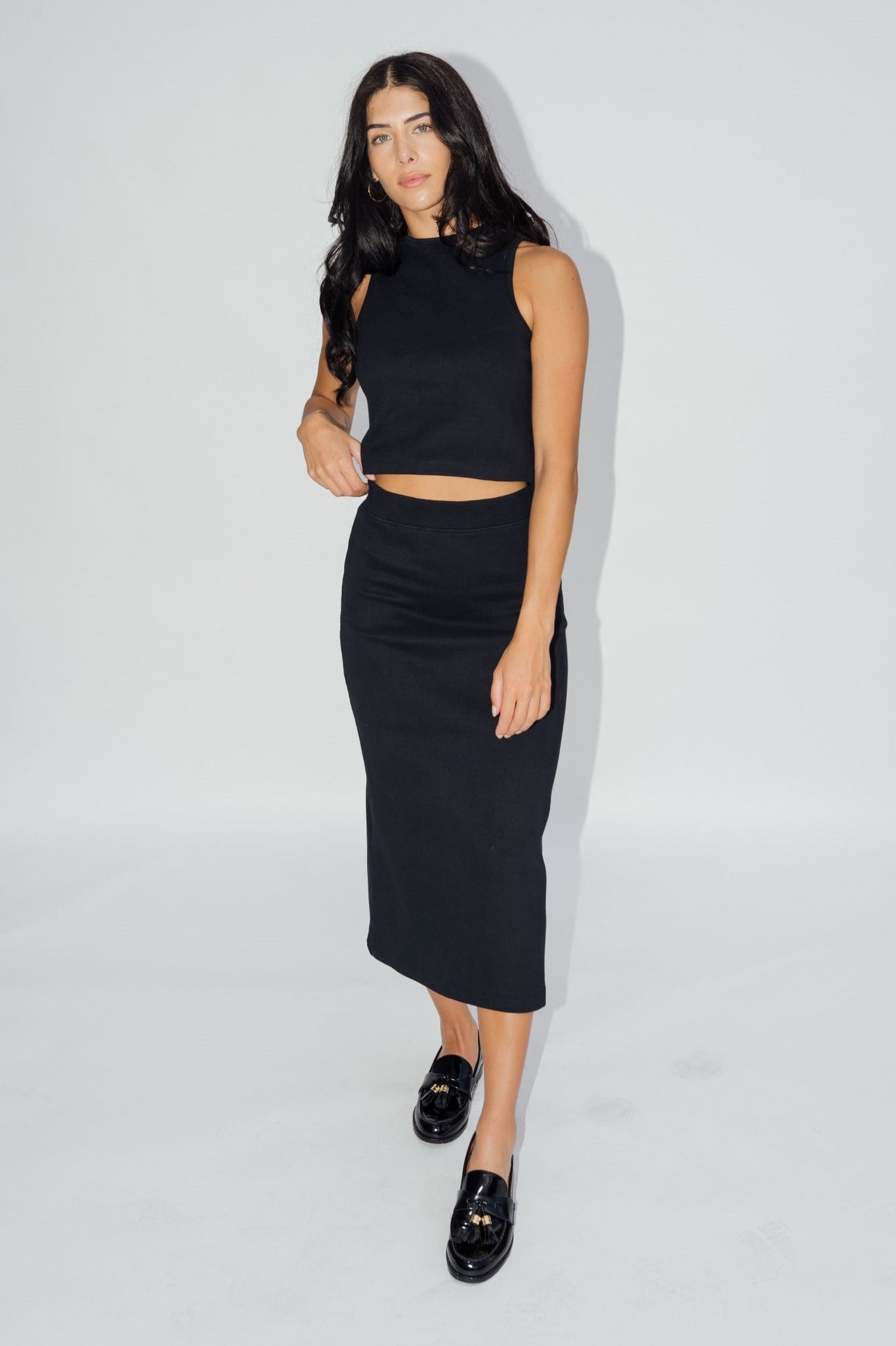 Ribbed Midi Skirt Jet Black