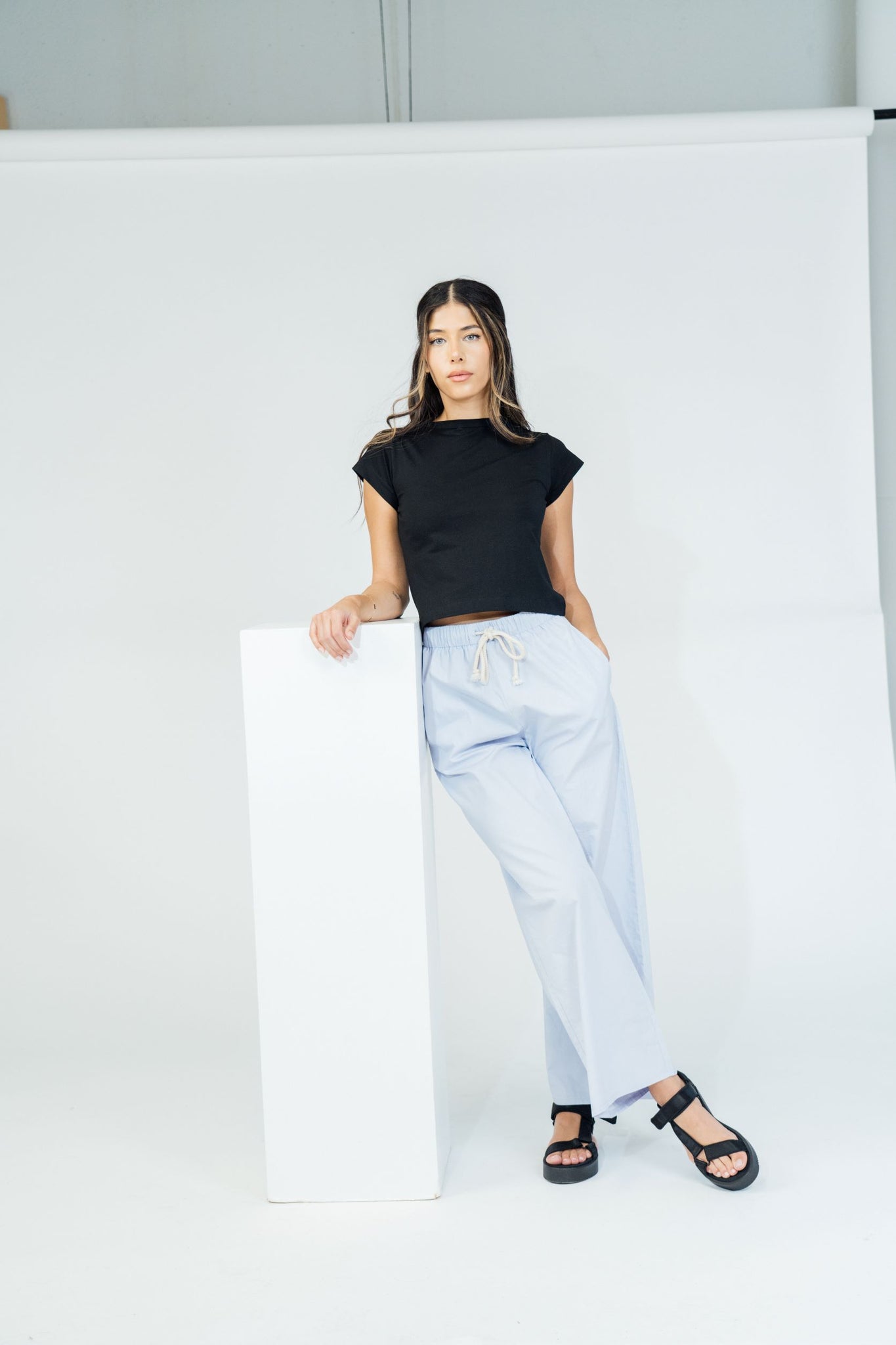 Poplin Wide Leg Pants Light Blue