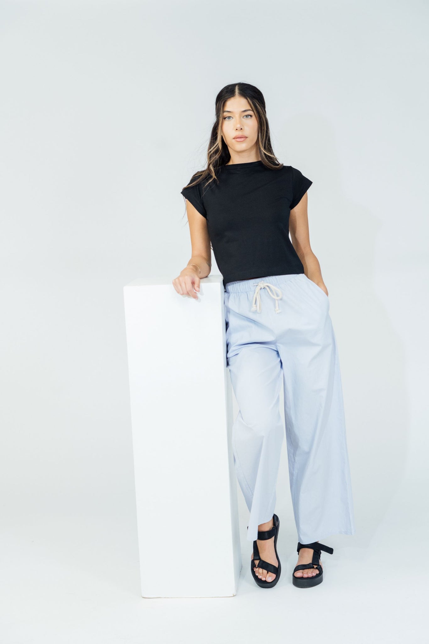 Poplin Wide Leg Pants Light Blue