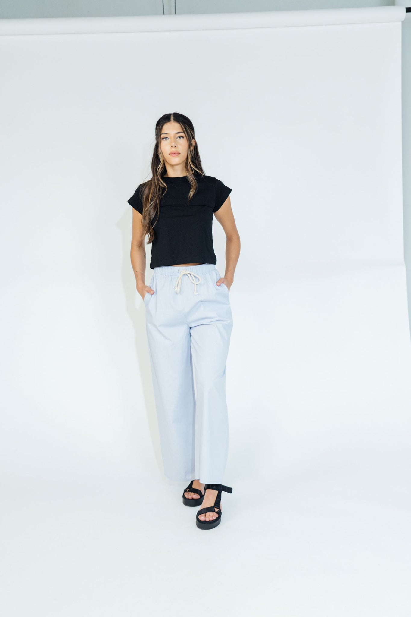 Poplin Wide Leg Pants Light Blue