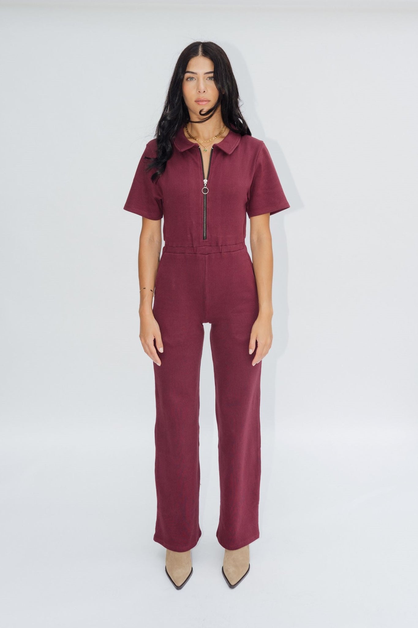 Ribbed Polo Jumpsuit Sangria